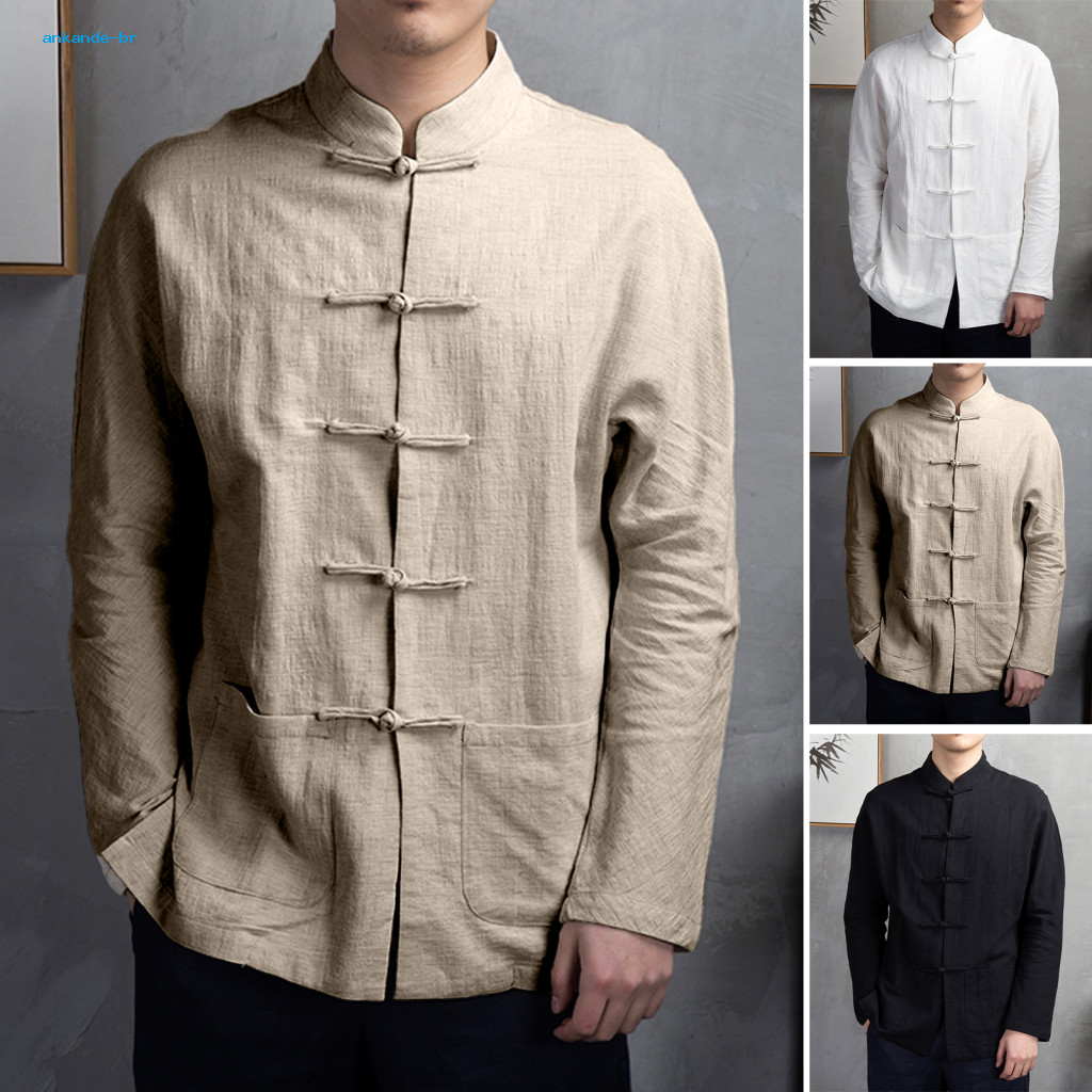 Long Sleeve Shirt Men Men's Autumn Chinese Style Mandarin Collar Kung Fu Tai Chi Top with Pockets and Traditional Disc f