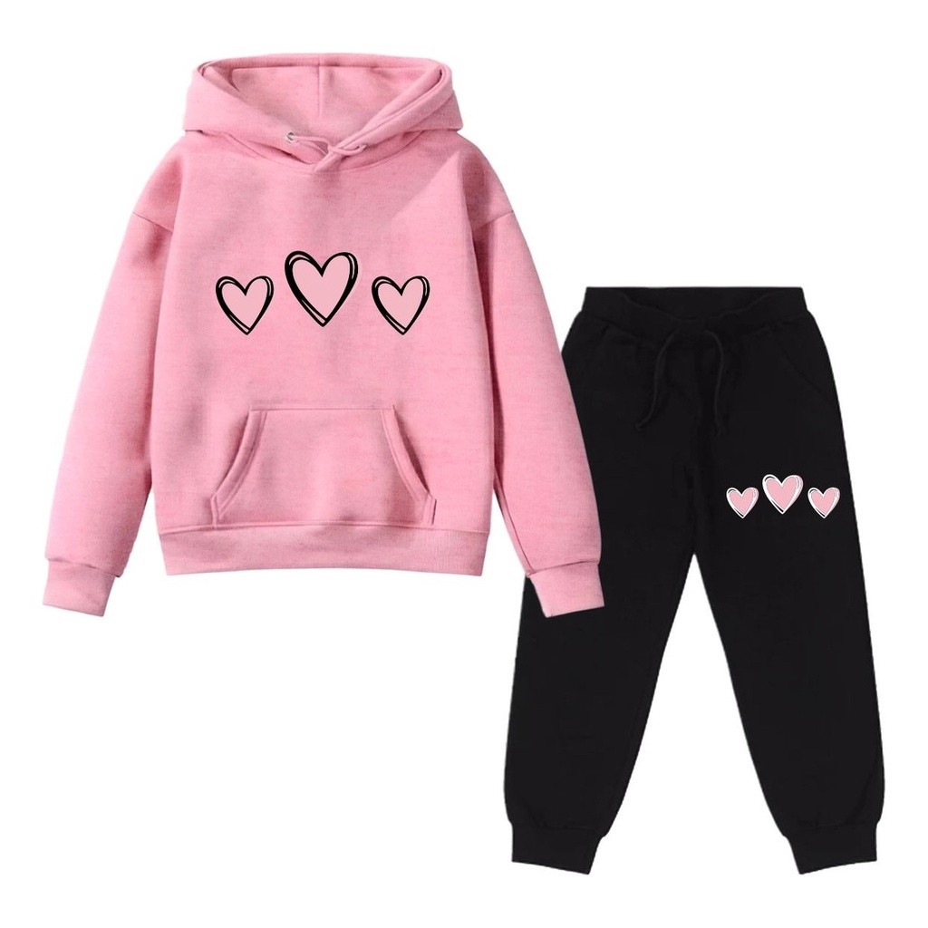 Conjunto Moletom Infantil 3 Corações Kit Blusa Calça Lazer Inverno Canguru Abrigo Moletom de Inverno