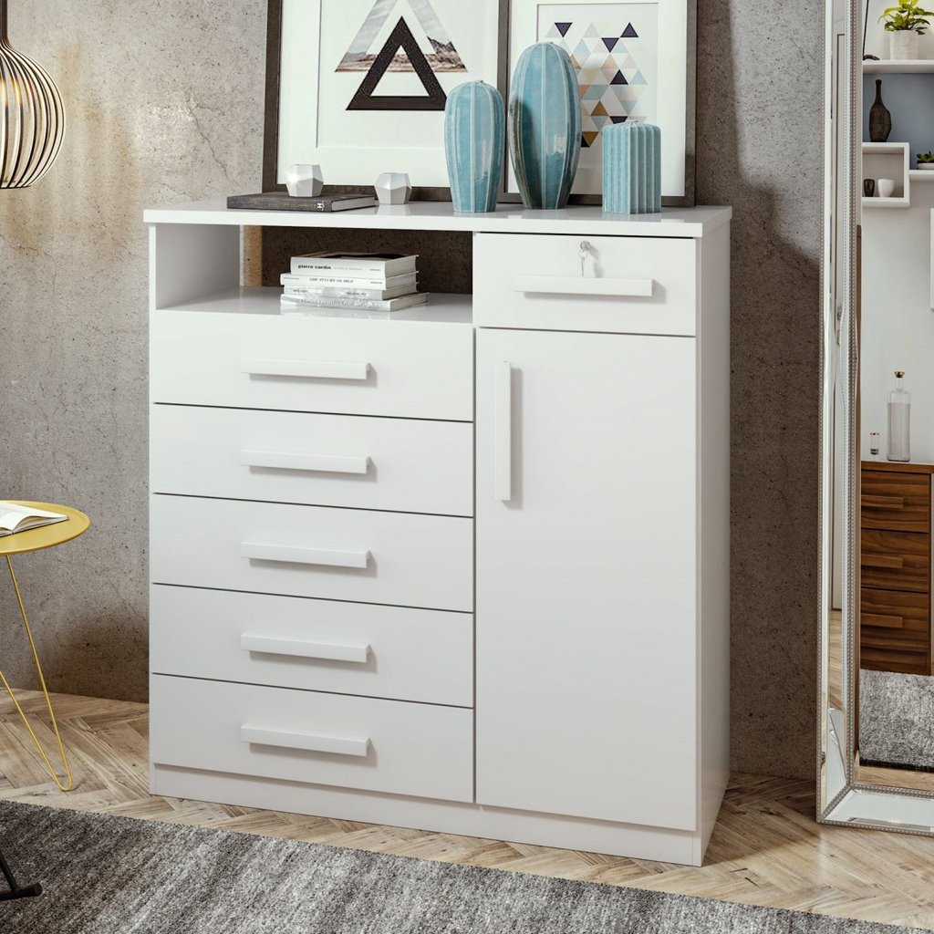 Cômoda para Quarto 6 Gavetas 1 Porta com Chave Estilo Moderno da Vinci 111cm Branco Branco