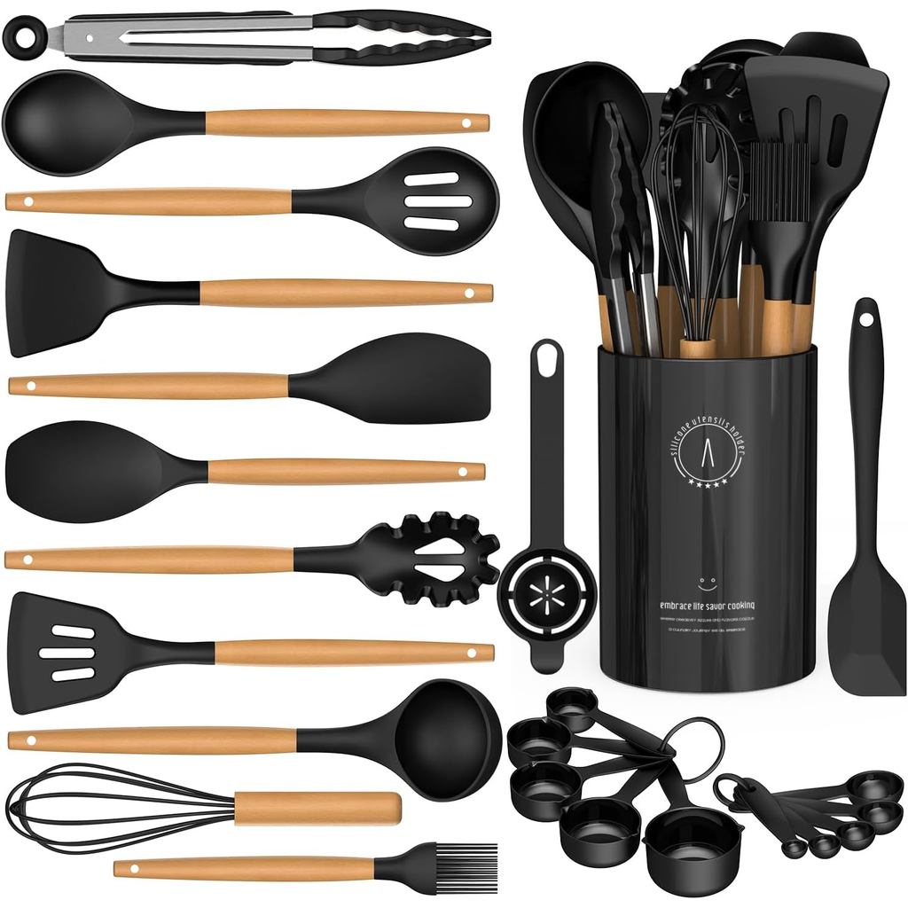 Conjunto de Utensílios de Cozinha de Silicone - Utensílios de Cozinha de Silicone AVGPD com Cabos de Madeira, 446 ° Conj