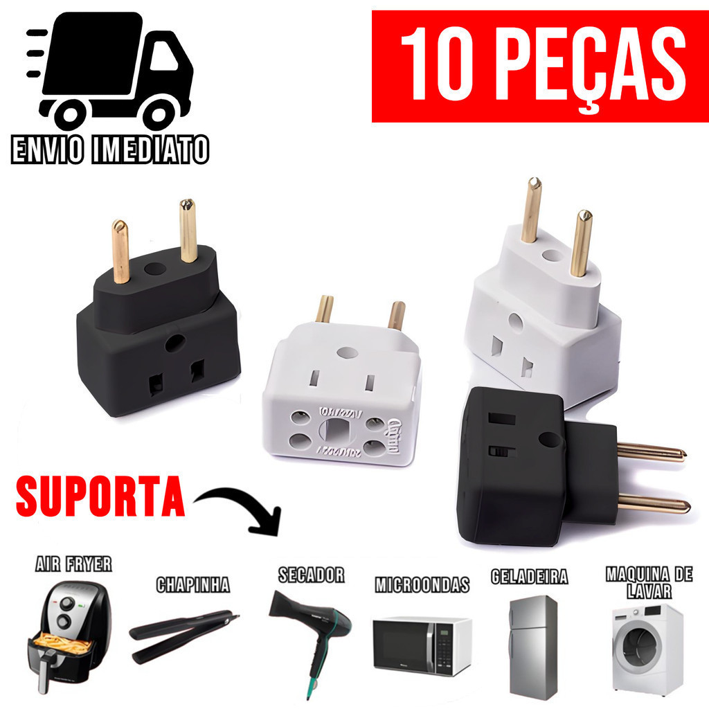 Kit 10 Adaptador de Tomada Ultra Resistente Porcelana para Secador Air Fryer Benjamin Bivolt 10A 20A