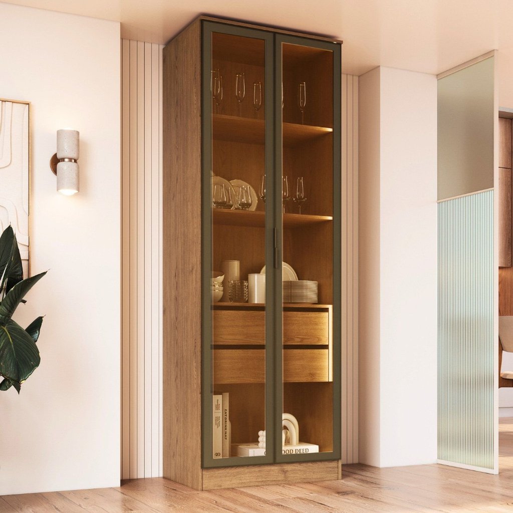 Cristaleira Armário 2 Portas Reflectas com LED 100% MDF Celeste