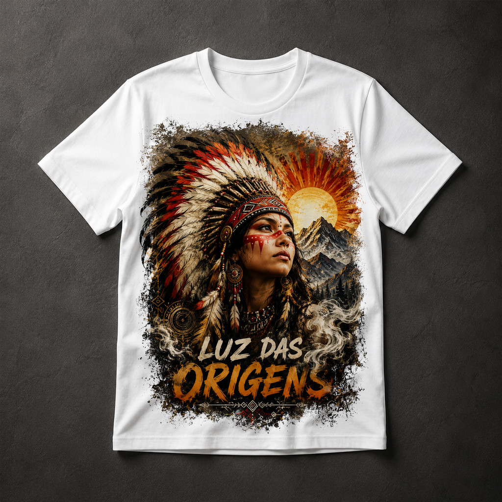 Camiseta Masculina Indígena Luz das Origens Cocar Tribal Arte Nativa Estampada