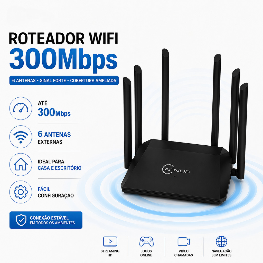Roteador WiFi 300Mbps 6 Antenas Alto Alcance 2.4GHz 4 Portas LAN Sinal Forte KNU