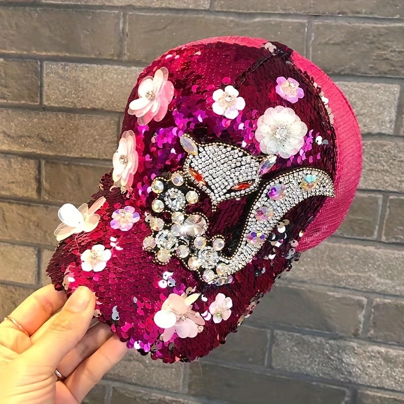 Boné de Beisebol Bling Bee Fox Swan para Mulheres, com Lantejoulas Brilhantes e Flor de Strass Individual, Boné de Rede