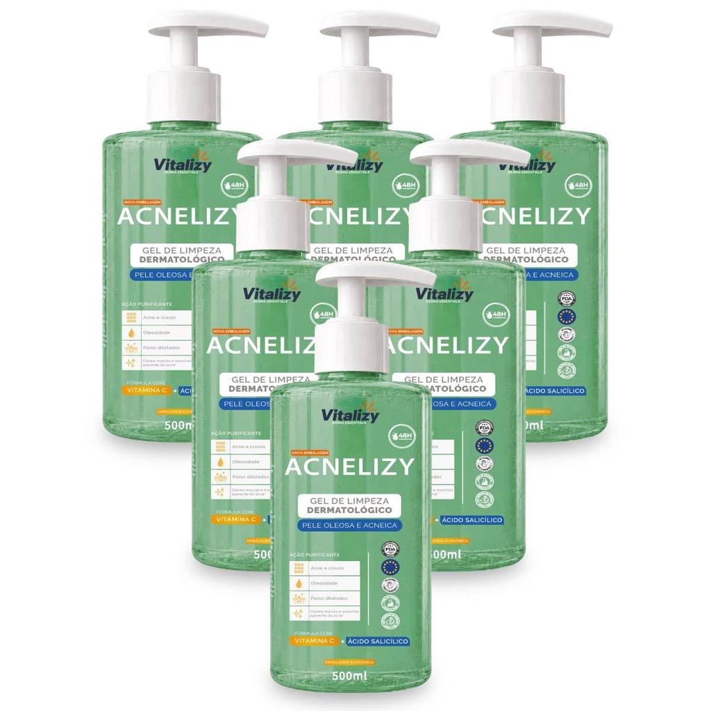 Kit 6x500ML Gel de Limpeza Facial Controle da Oleosidade Pele Oleosa e Acneica Limpeza Profunda Vitalizy