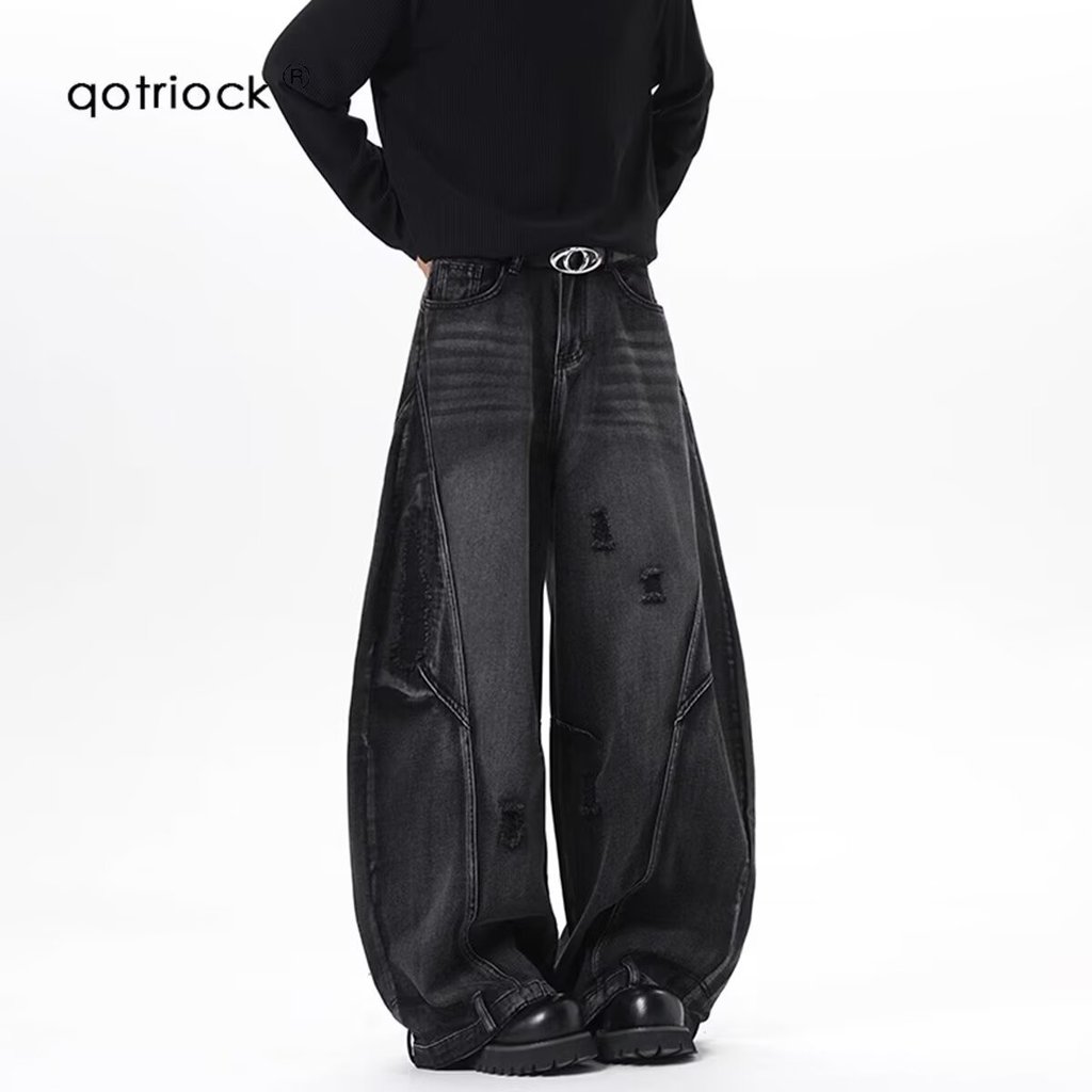 [INSKR] National Street Wear American Retro Scratched Rasgado Scimitar Jeans Solto Reto Calças de Perna Larga