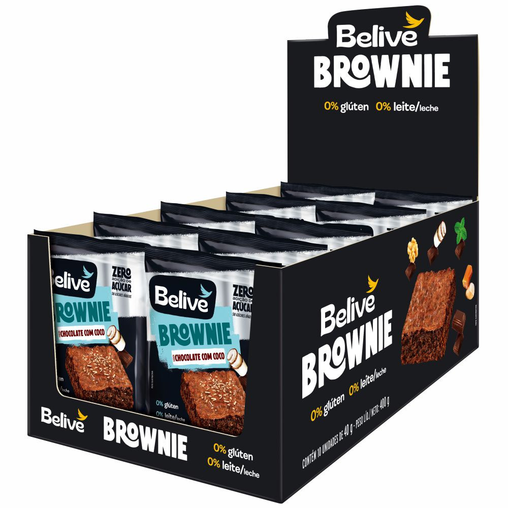 Kit com 10 Brownie Chocolate Com Coco Zero Açucar 40g - Belive