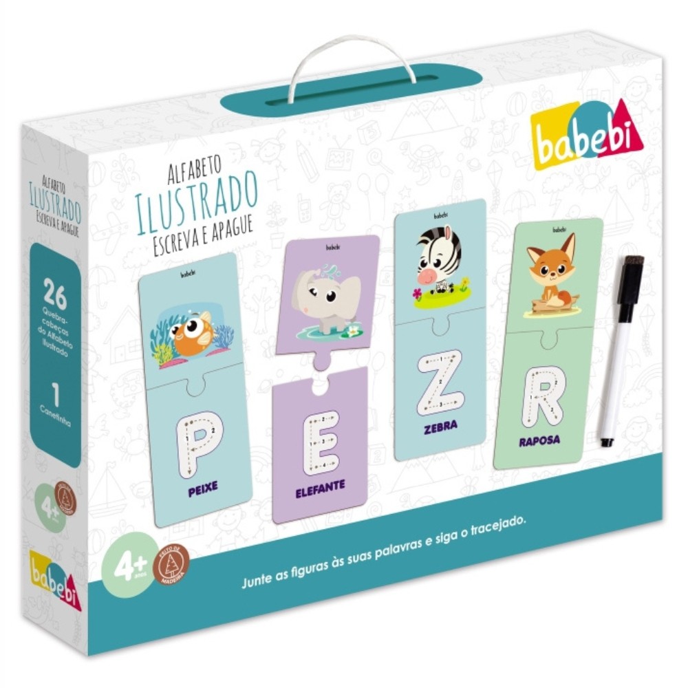 KIT 26 QUEBRA CABEÇAS ALFABETO ILUSTRADO ESCREVA E APAGUE MADEIRA BABEBI LETRA JOGO EDUCATIVO ANIMAL em Oferta na Shopee