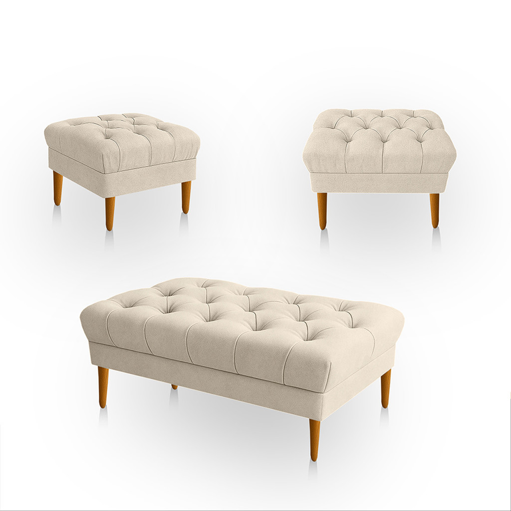 Kit 3 Puff Retrô Luiz XV Capitonê Retangular  Estofado Decorativo Sala de Estar Closet Suede