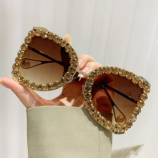 Moda Vintage Diamante Oversized Óculos De Sol Feminino Grande Quadro Punk Cristal Strass Tons