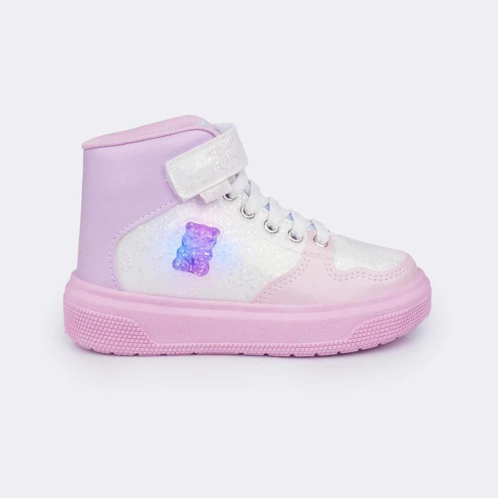 Tênis de Led Infantil Cano Alto Ursinho Rosa Branco Pampili