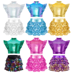 Yeahdor Kids Girls Jazz Dance Outfit Mock Neck Strass Adorado Malha Patchwork Sem Mangas Metálico Plissado Crop Top Com