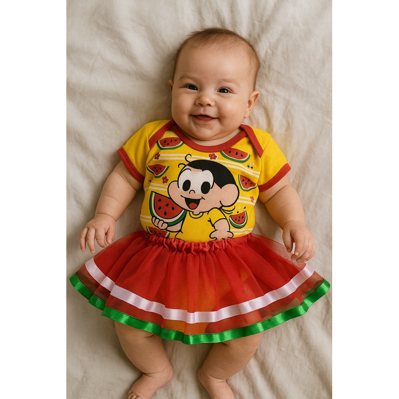Body Bebê Fantasia Magali com Saia Infantil Turma da Mônica Roupa Menina Mesversário Festa Aniversário Ensaio Fotográfic