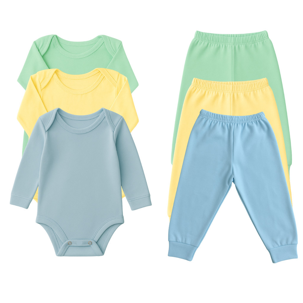 Kit 6 Peças Body Manga Longa e Calça Bebê 100% Algodão Antialérgico em Oferta na Shopee