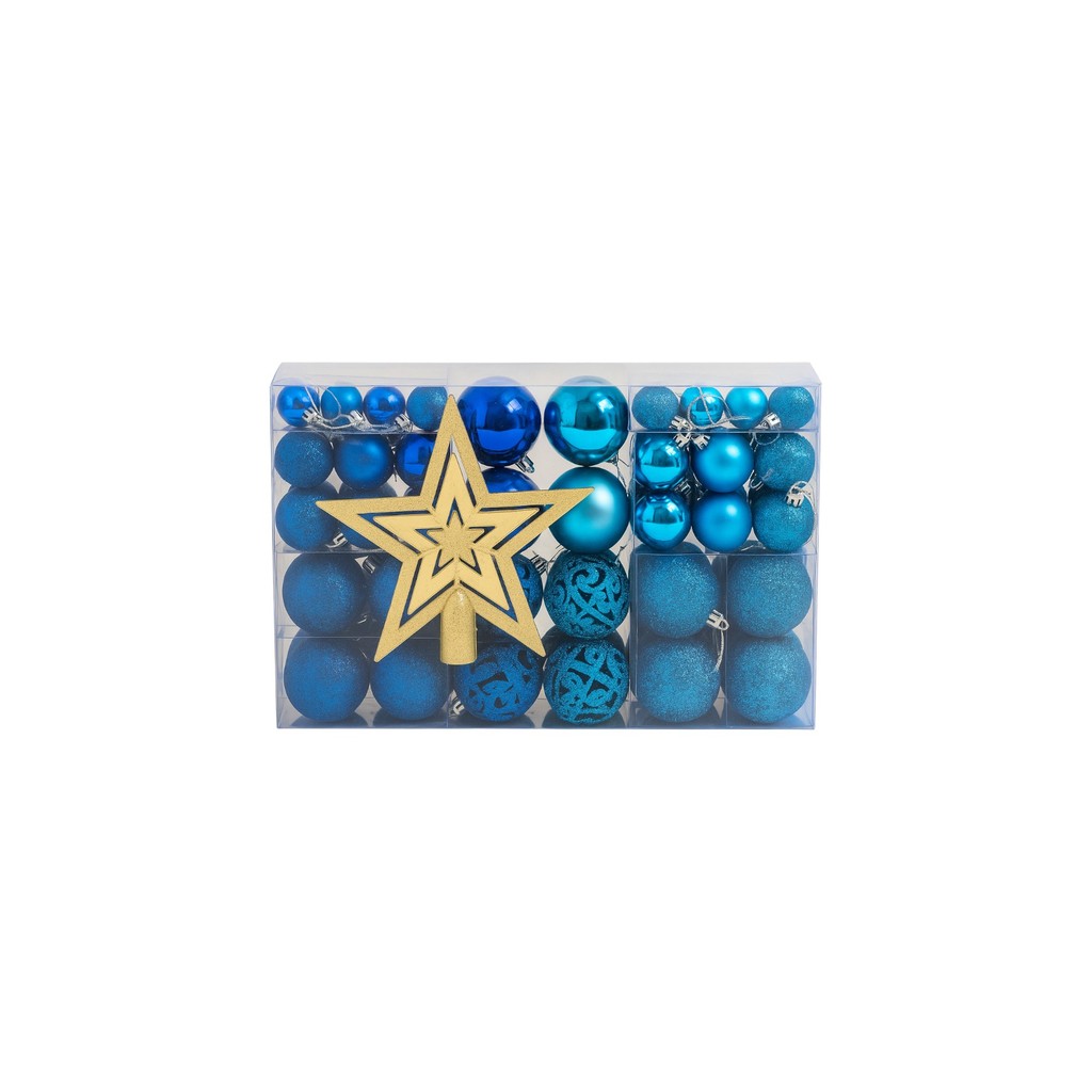 100 Bolas de Natal Lisas/Foscas/Glitter p/ Árvore + Ponteira - Azul e Turquesa