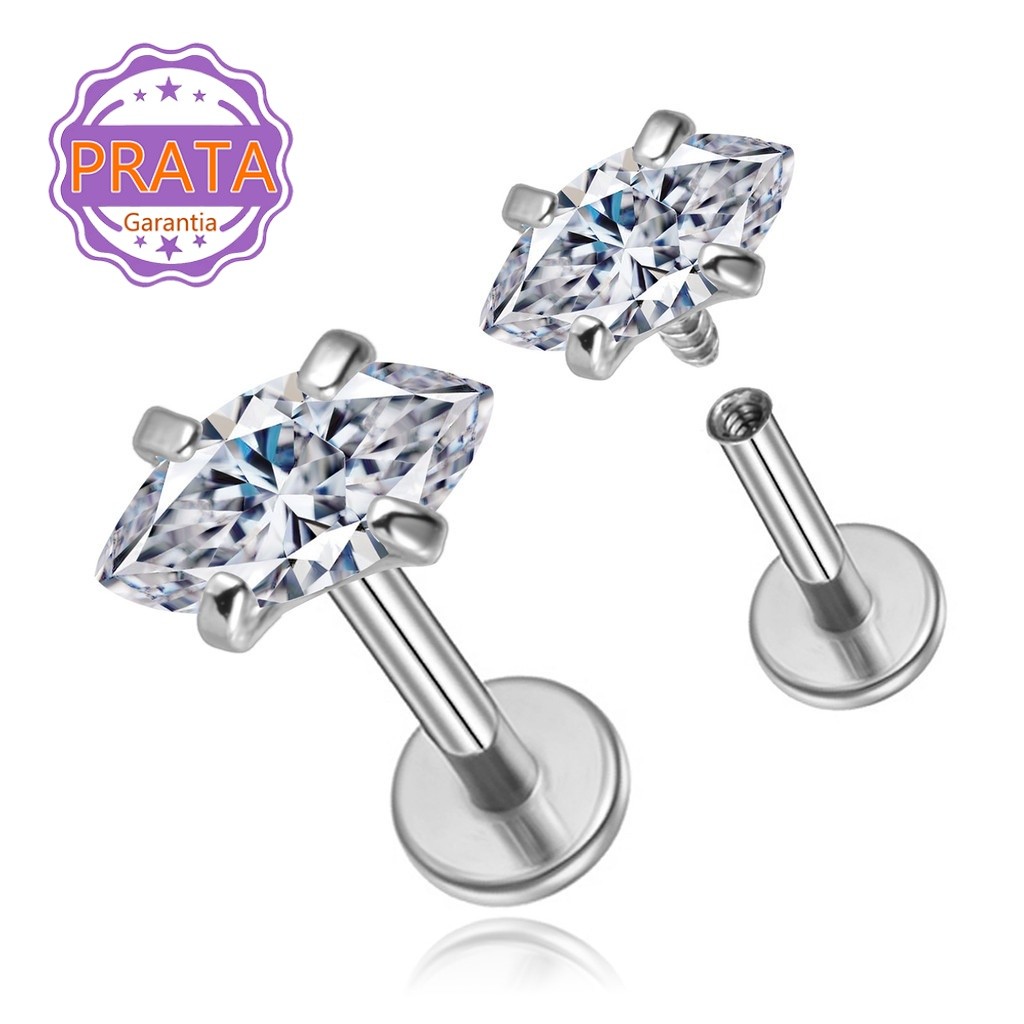 Piercing Helix Labret Prata 925 Oval Com Pontas Zircônia Cravejada Boca Orelha Tragus Orelha Anting