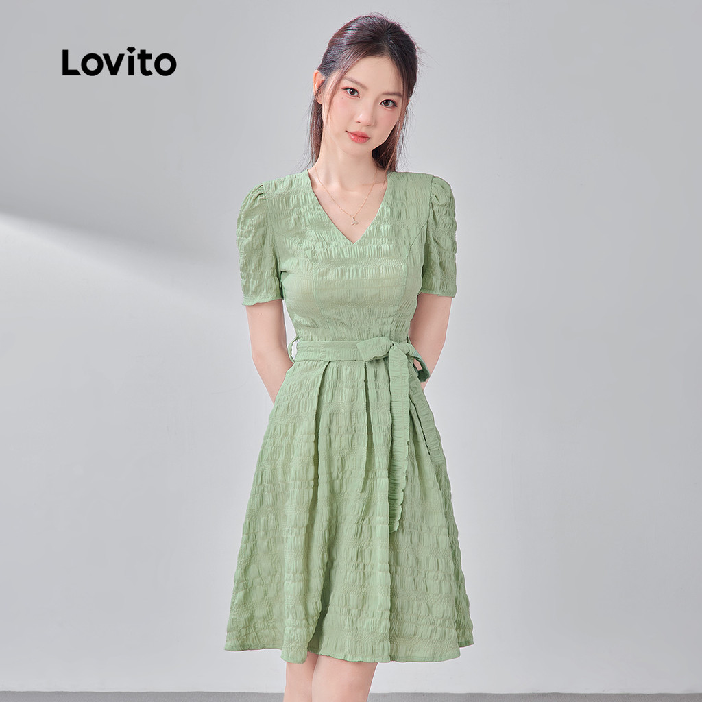 Detalhes do Lovito Vestido Casual de Lazo de Encaje Abotinado para Primavera/verano Vestido Verde para mujer L150AD831