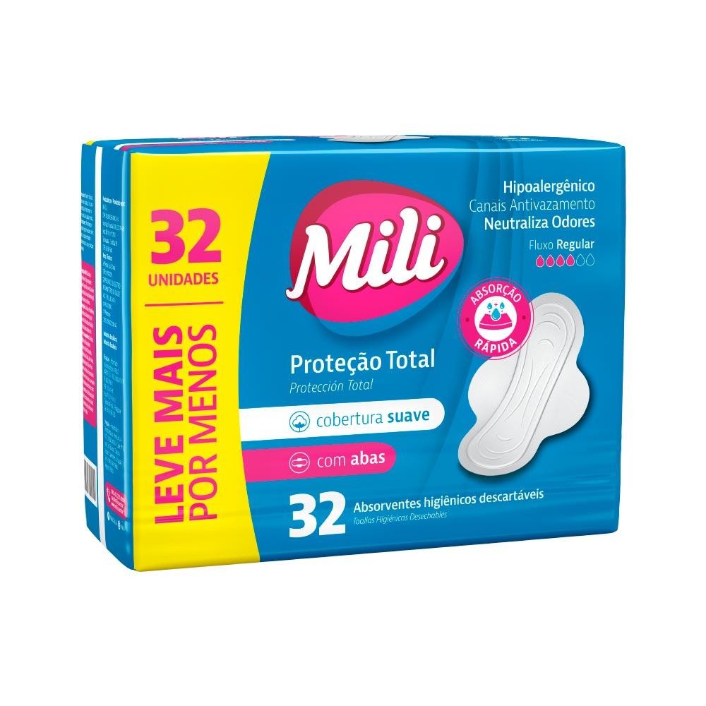 ABSORVENTE MILI PROTECAO TOTAL COM 32 LEVE+PG-SUAVE COM ABAS ESPECIAL em Oferta na Shopee
