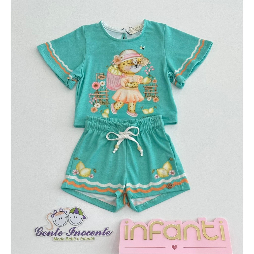 Conjunto 2/14 Infantil Feminino Infanti Oncinha Verde Com Shorts Estampado