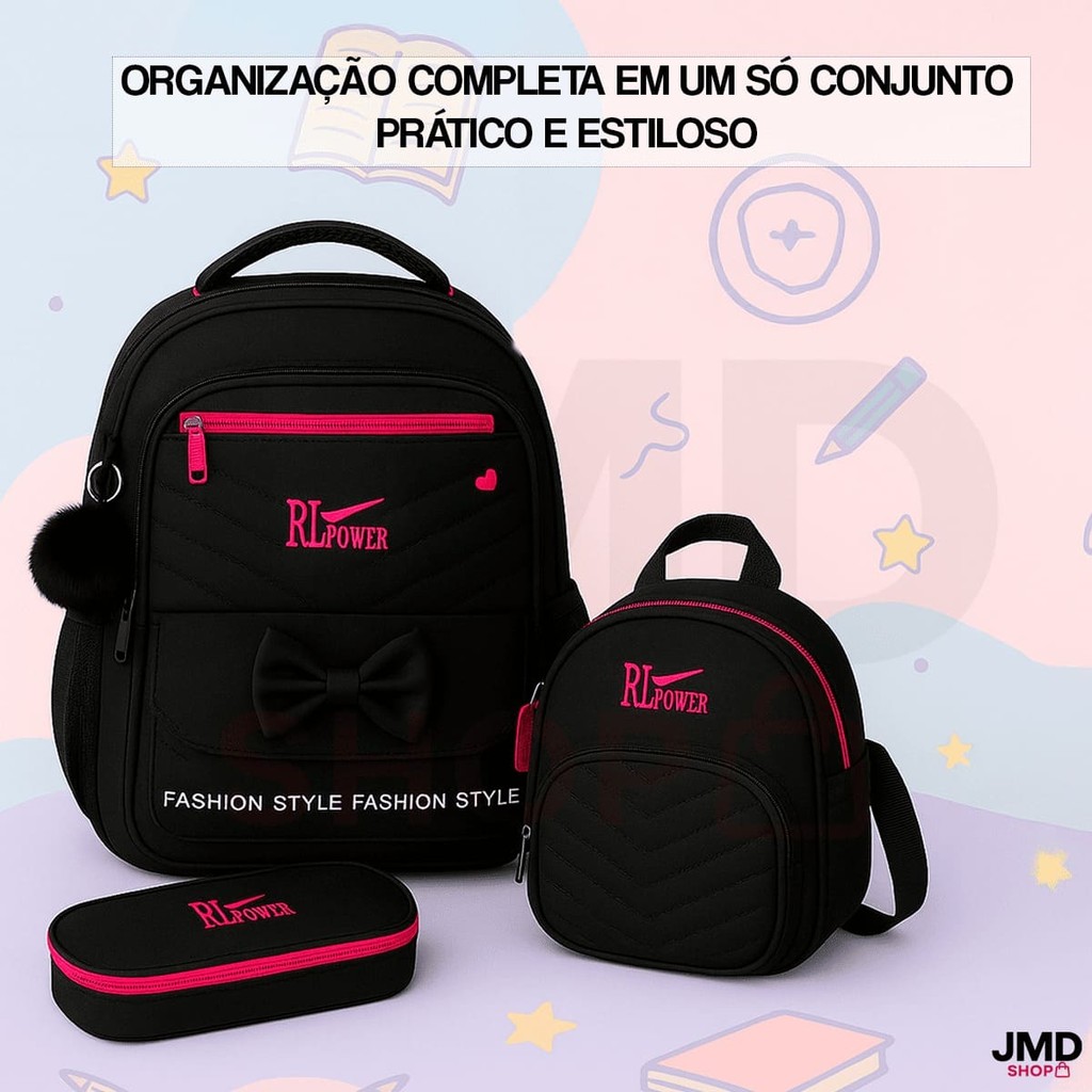 Kit Escolar Mochila Feminina Infantil 3 em 1 Nylon Impermeável com Estojo e Lancheira Bolsos Organizador