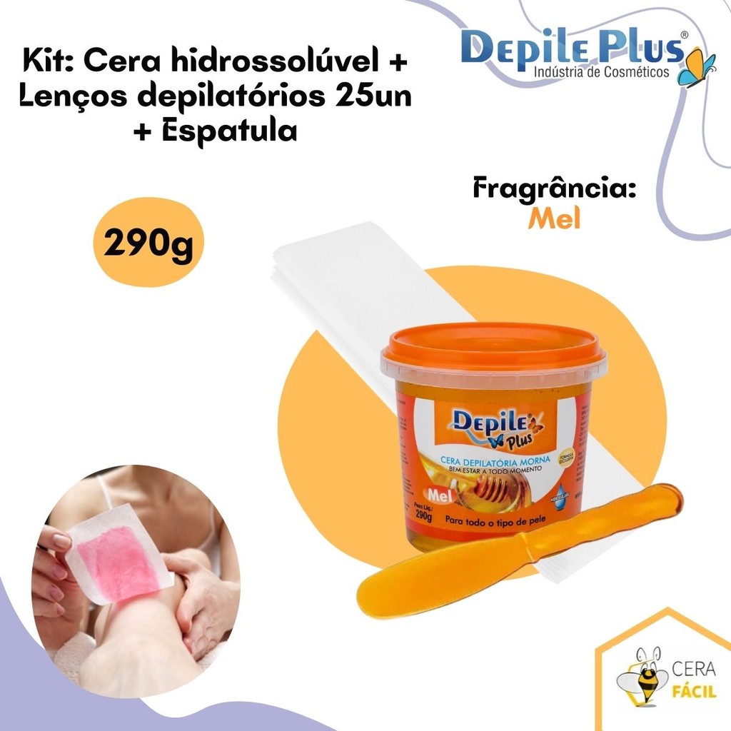 Kit Cera Hidrossolúvel 290g + Lenços Depilatórios 25un com espátula Depile Plus