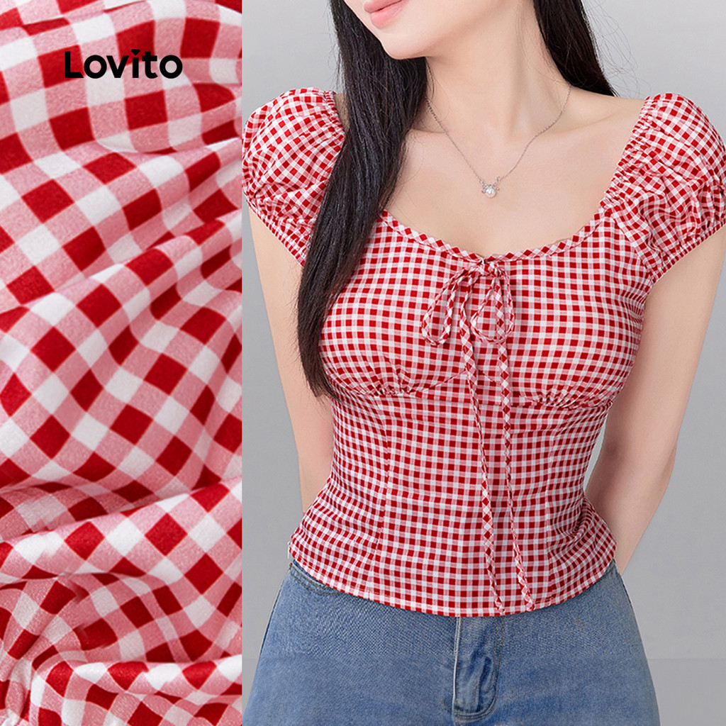 Lovito Blusa Casual Vermelha Com Amarração Na Cintura Ideal Para a Primavera/verão L151AD077 em Oferta na Shopee