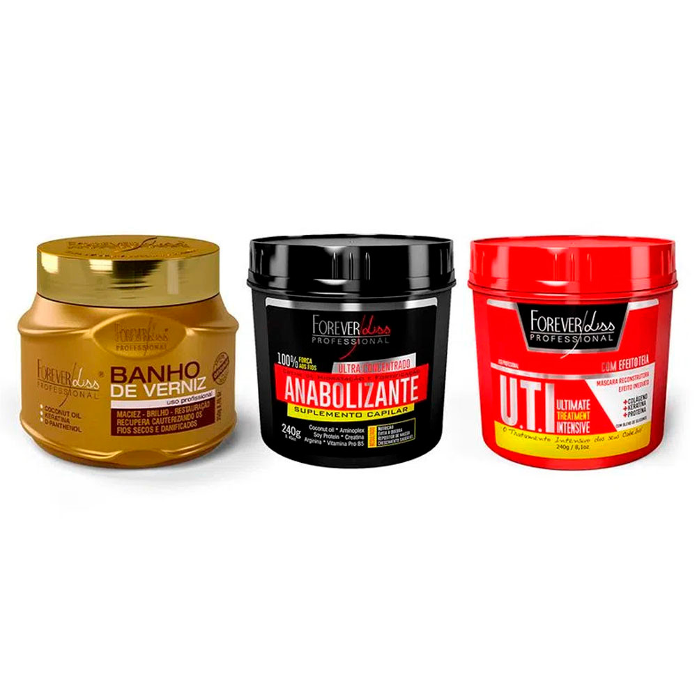 Kit Cronograma Capilar Banho de Verniz, Anabolizante e Uti Forever Liss