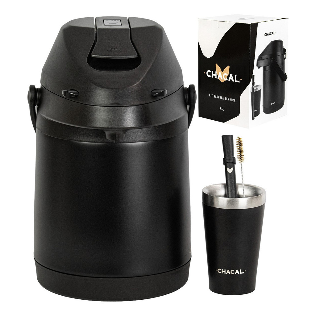 Kit Tereré Chacal Copo Bomba Garrafa Térmica Inox Preto 2.5l