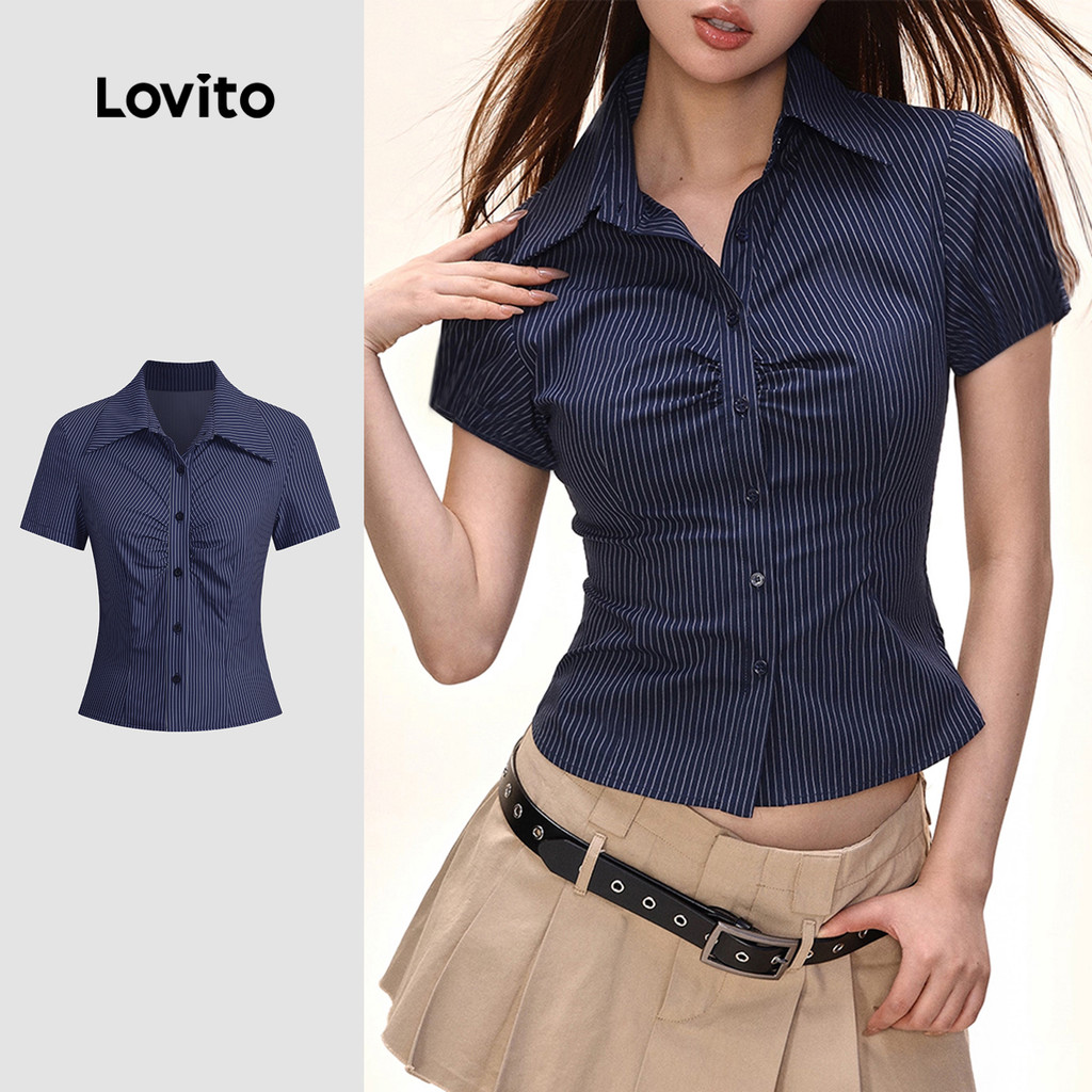 Lovito Elegante Blusa com Botões Franzida Primavera/verão Blusa Azul Escura para