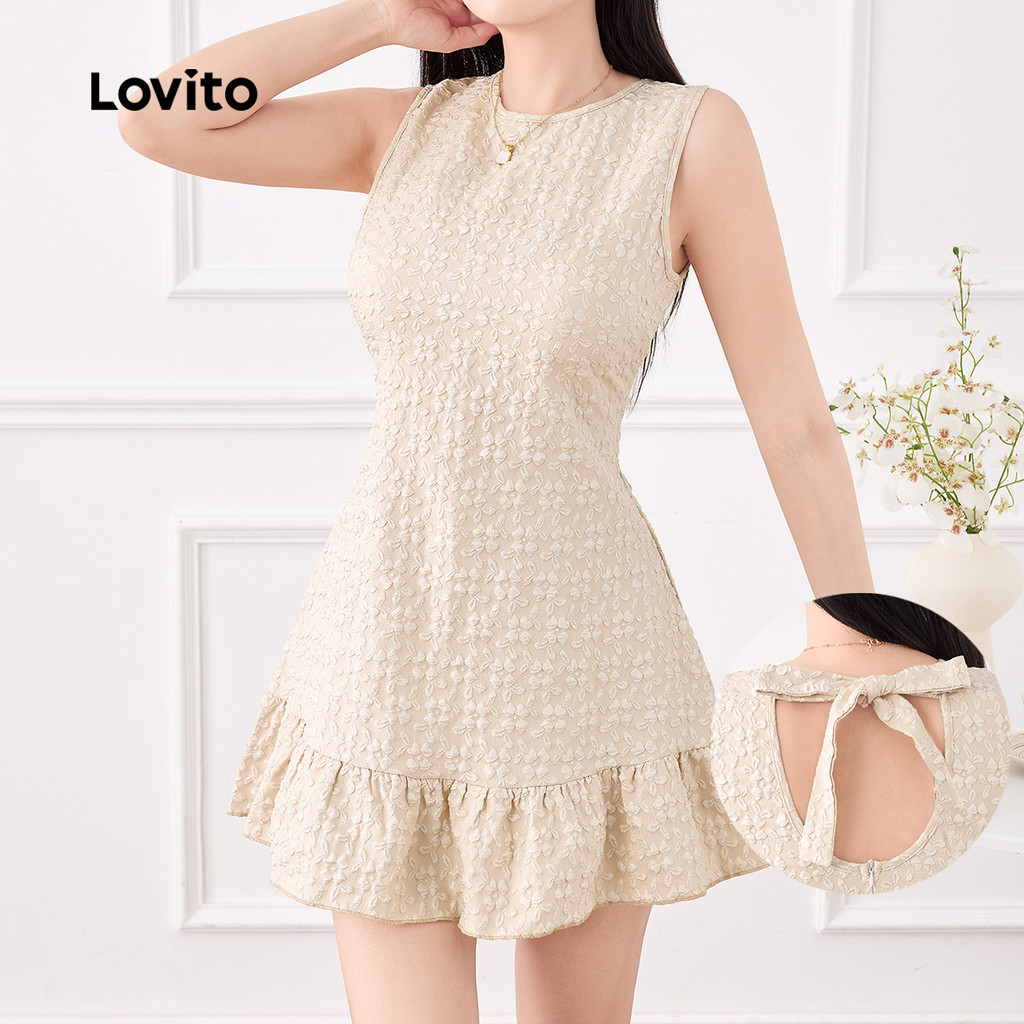 Lovito Vestido Casual de Renda com Amarração Textura Barra Irregular Primavera/verão Bege claro L155AD369 em Oferta na Shopee