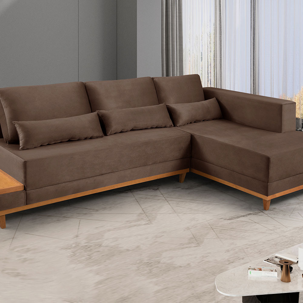Sofá de Canto 4 Lugares com Chaise M-174 2,56m Molas Bonnel Almofadas Soltas Linho Estofados Martins