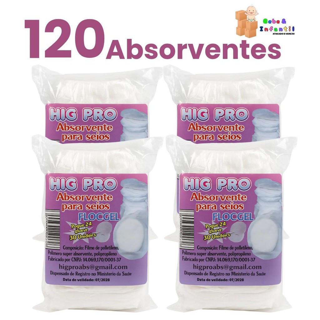KIT 04 PACOTES DE ABSORVENTES DE SEIOS HIG PRO COM 120 UNI - 30 UNIDADES EM CADA PACOTE - TECNOLOGIA NACIONAL