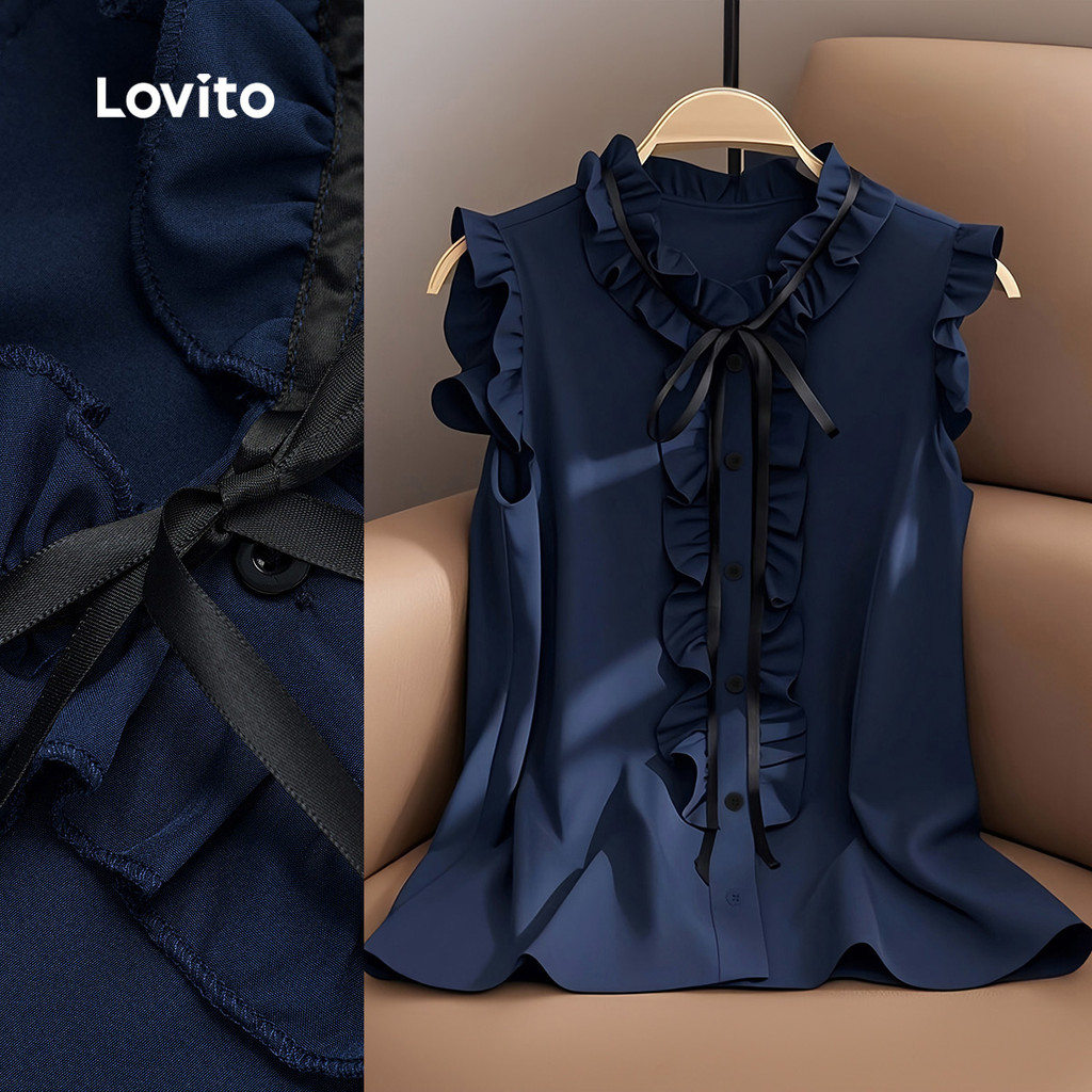 (NEW) Lovito Blusa Elegante com Babado e Laço Primavera/verão Blusa Azul-marinho para Mulheres LBL29047 em Oferta na Shopee