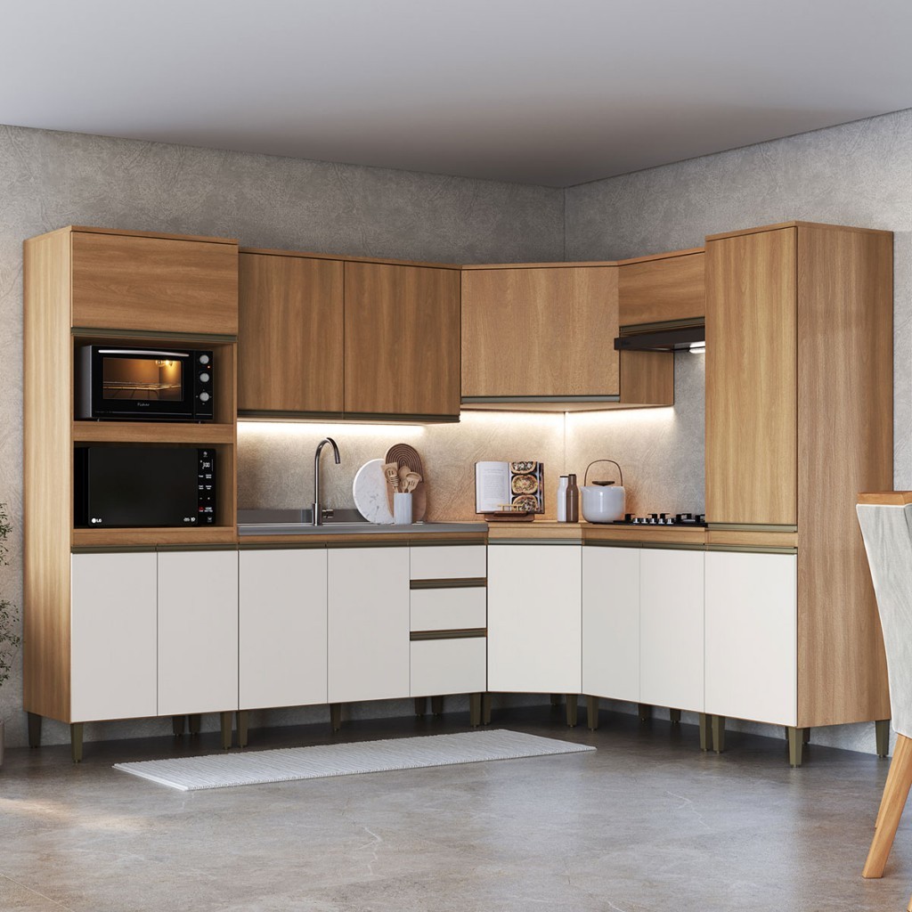 Cozinha Completa Cecília 14 Portas 3 Gavetas Freijó/Off White - Jcarvalho em Oferta na Shopee