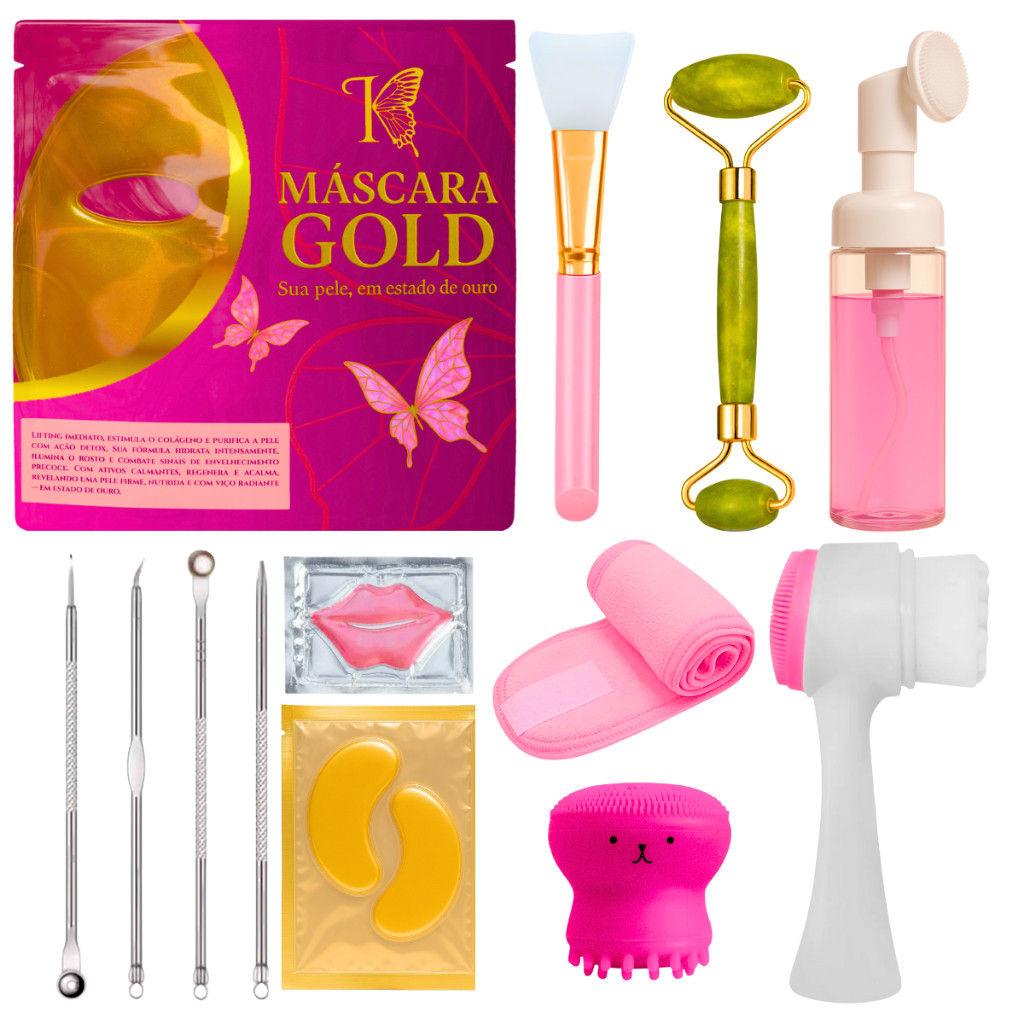 Kit Profissional de Skincare Jade Roller Máscara Dourada Faixa Polvinho Pads e Acessórios