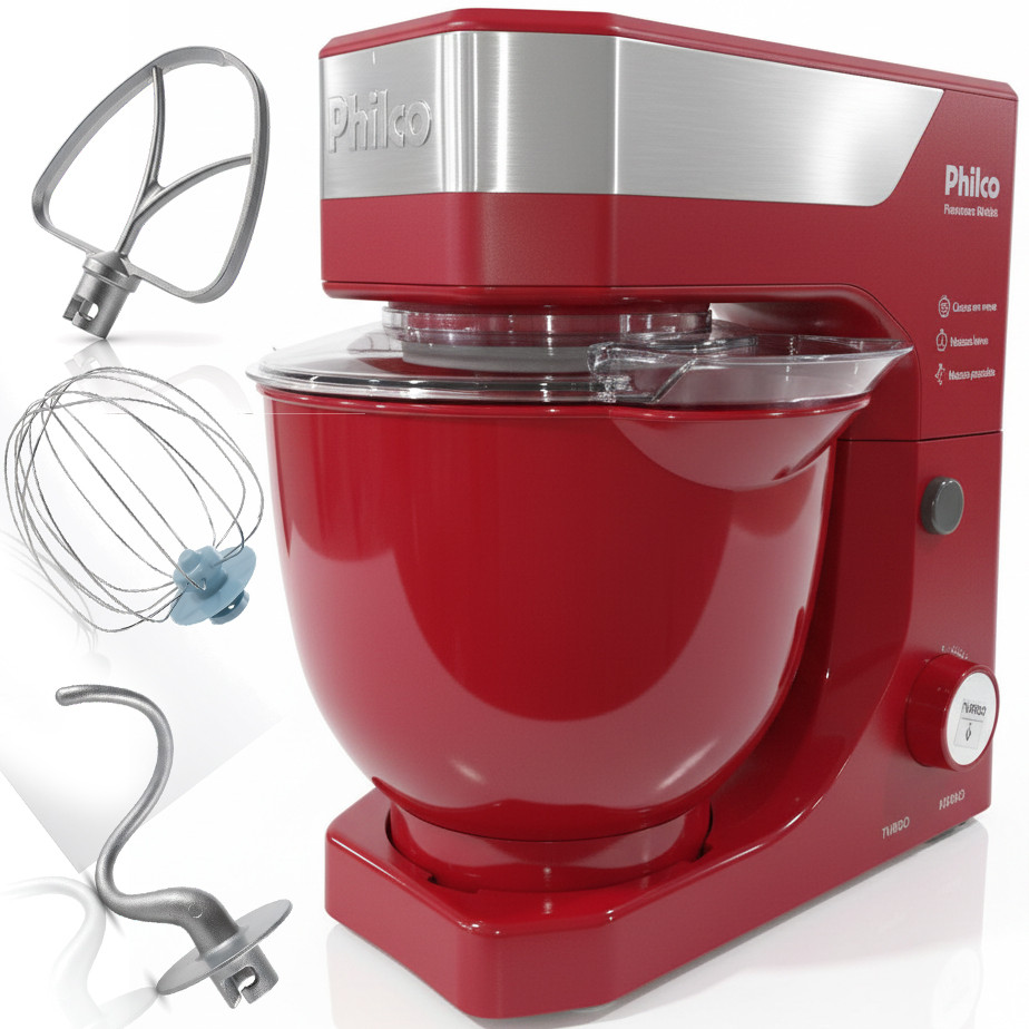 Batedeira Planetária Philco PBP90B 900W 12 Velocidades 5L Vermelha Turbo Alta Performance Bolos Chantilly Pães