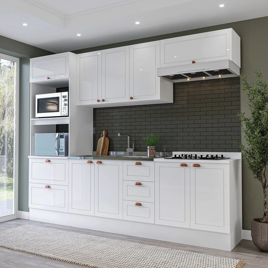 Cozinha Pérola com Rodapé 5 Peças Torre Quente Aéreo 3 Portas Balcão 120 Balcão 80 e Basculante Yesc Branco em Oferta na Shopee