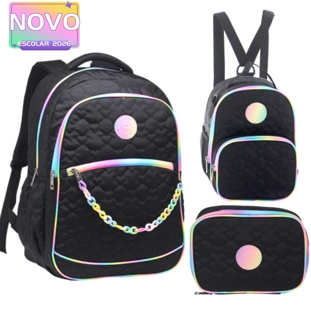 Kit 3 Peças Mochila De Costas Estampa Coração Com Estojo Lancheira Tipo Mochila Feminina Escolar Juvenil 18” em Oferta na Shopee
