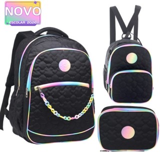 Kit 3 Peças Mochila De Costas Estampa Coração Com Estojo Lancheira Tipo Mochila Feminina Escolar Juvenil 18” em Oferta na Shopee