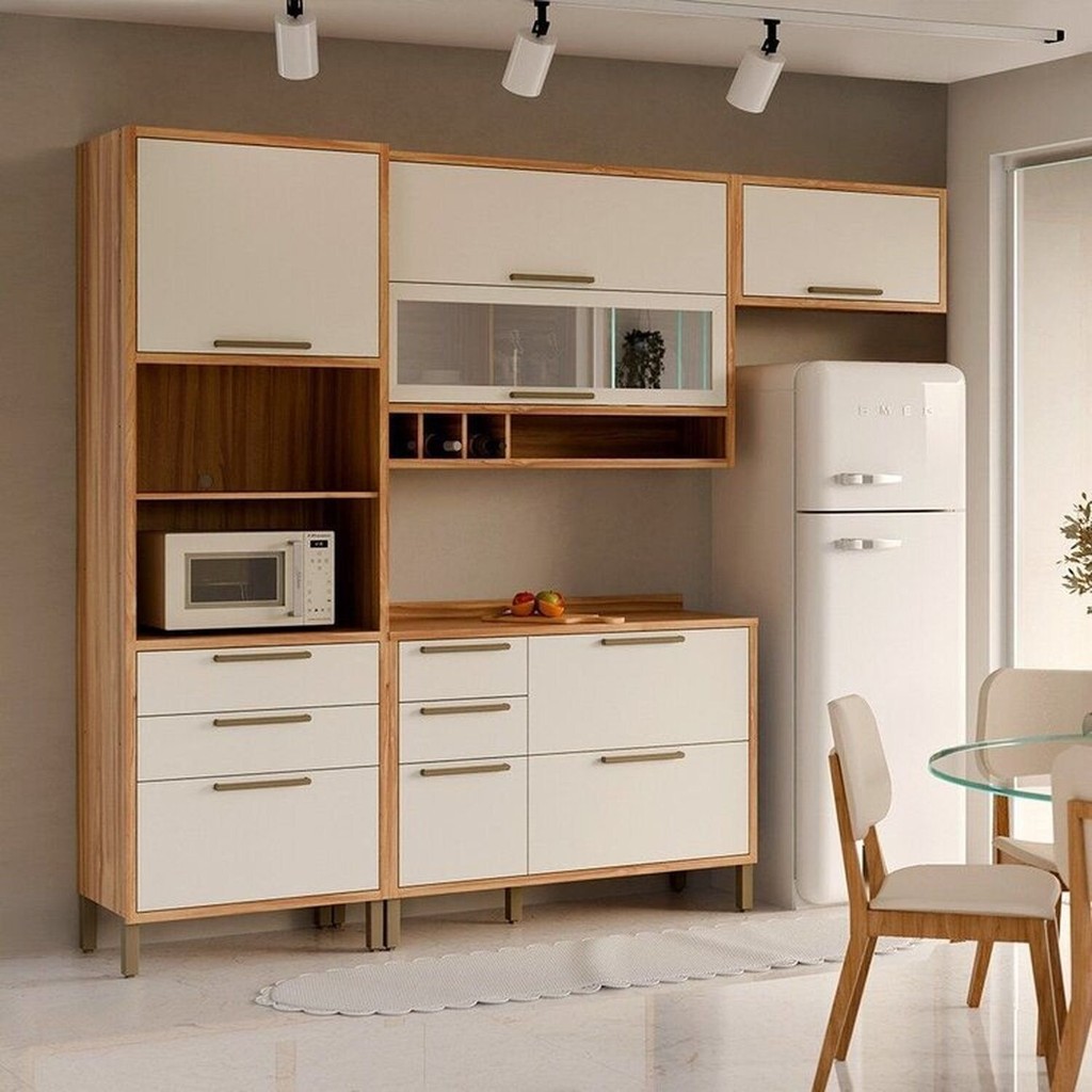 Cozinha Compacta 100% Mdf 4 Peças 7 Portas 5 Gavetas e Vidro 274cm Vicenza Espresso Móveis Amêndoa/Branco em Oferta na Shopee