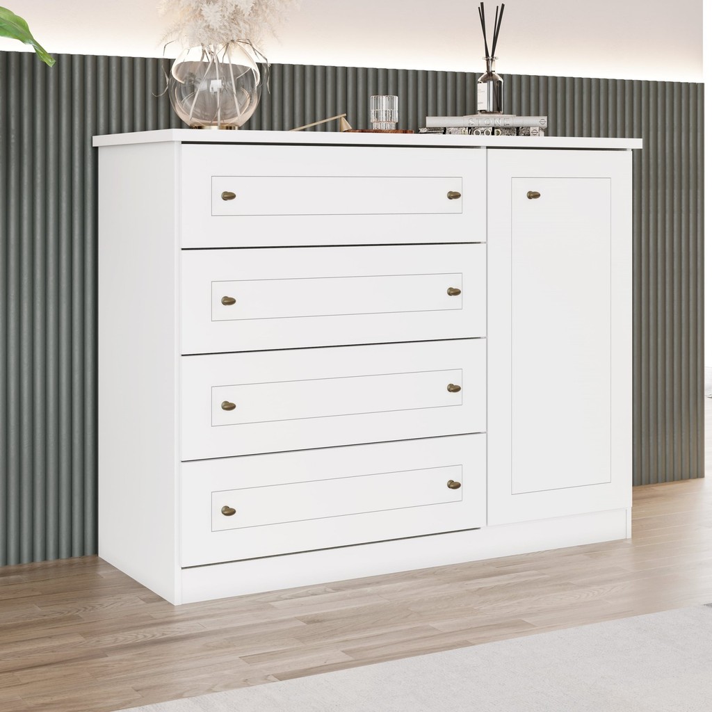 Cômoda Infantil 4 Gavetas 1 Porta Americano Branco em Oferta na Shopee