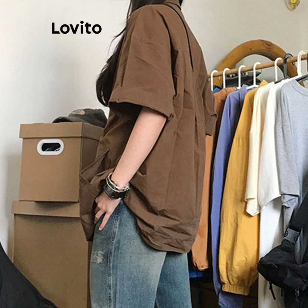 Detalhes do Lovito Blusa Casual Com Bordado Liso E Botão Frontal Para Mulheres L122AD002