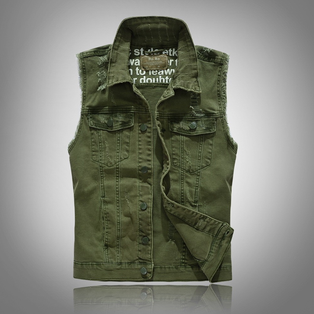 Novo e Estiloso Colete Jeans Masculino Slim-Fit Coreano - Colete Sem Mangas em Denim Verde Militar