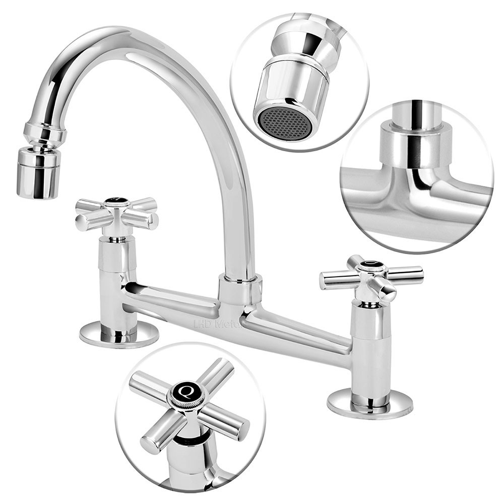 Torneira Misturador Cozinha Mesa Duplo Comando Metal Cromada Água Quente Fria Arejador Articulado 1/4v