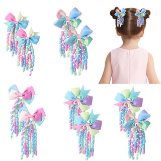 2 presilhas de cabelo com laços, flores encaracoladas, estilo infantil, cor em degradê de arco-íris, com franjas, acessó