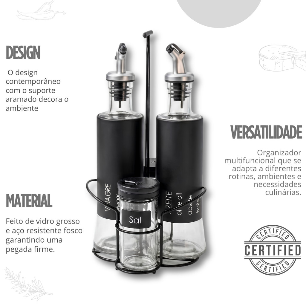 Kit 5 Peças Galheteiro Vidro GRANDE 300ml + Porta Condimentos 85ml c/ Suporte e Dosador · foto 2
