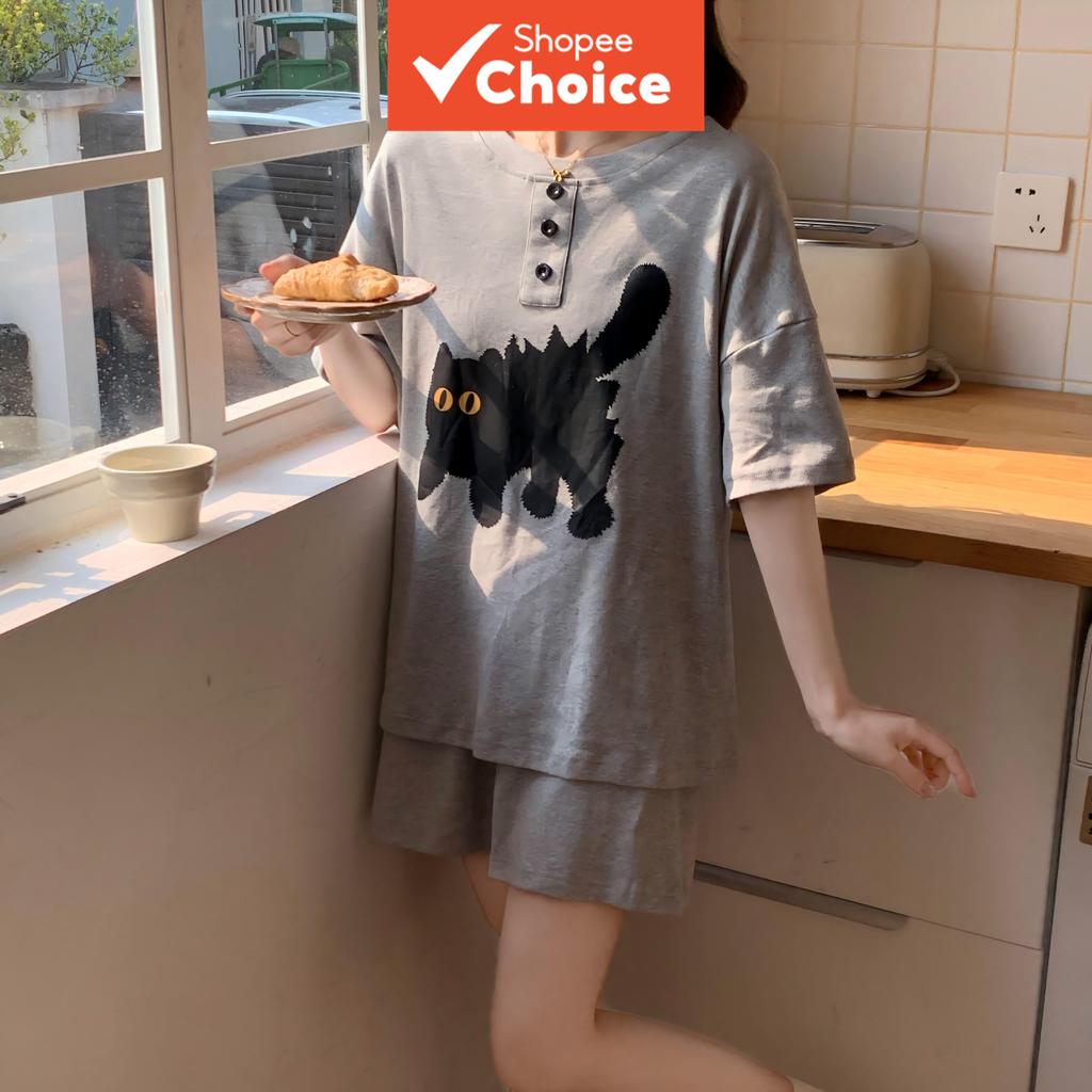 Conjunto de 2 peças em moletom feminino, camiseta de manga curta com estampa de gato fofa, conjunto confortável de