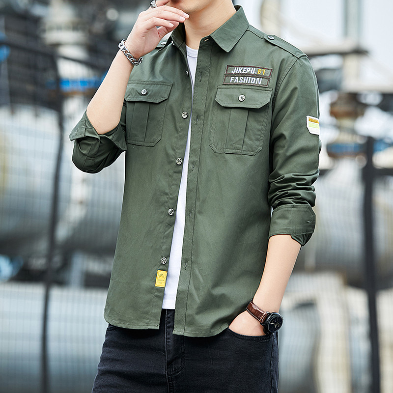 Primavera outono masculino grosso puro algodão cor sólida camuflagem uniforme militar camisa de manga comprida jaqueta M