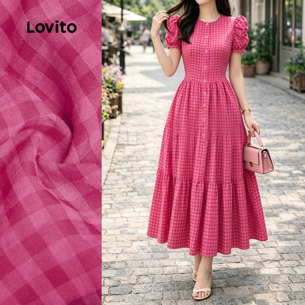 (New Arrival) Lovito Padrão de Vestido Casual com Botão Primavera/verão Vestido Rosa Vermelho para mulheres L196ED128